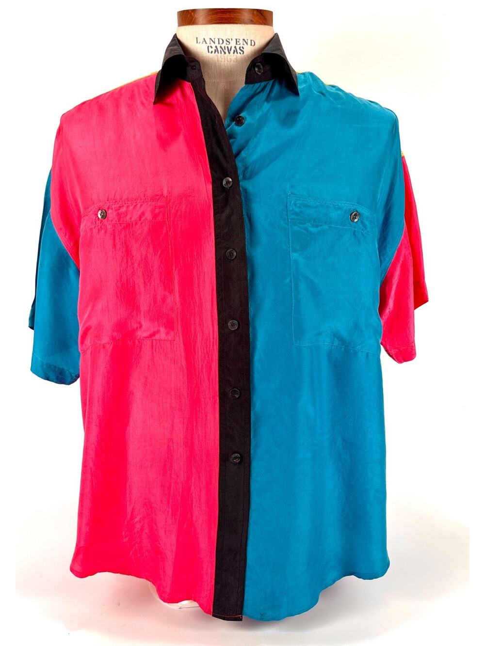 VTG 80s 90s 100% Silk Blouse Color Block Shirt Oversized MED Colorful Retro Top